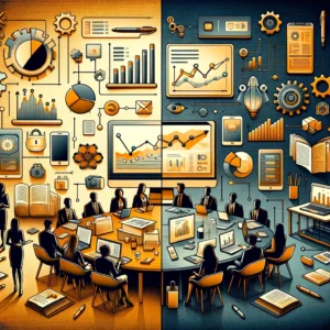 Contrasting visualization of market research evolution: Left side depicts traditional methods with in-person discussions and paper surveys, while right side shows modern techniques with digital data analytics and social media sampling. Central transition illustrates shift from paper to digital, symbolizing industry's technological advancement.