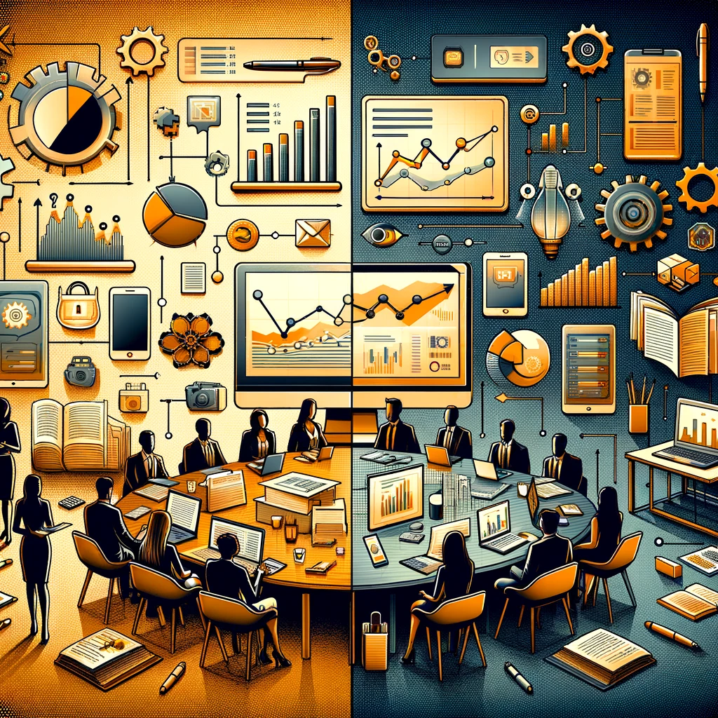 Contrasting visualization of market research evolution: Left side depicts traditional methods with in-person discussions and paper surveys, while right side shows modern techniques with digital data analytics and social media sampling. Central transition illustrates shift from paper to digital, symbolizing industry's technological advancement.